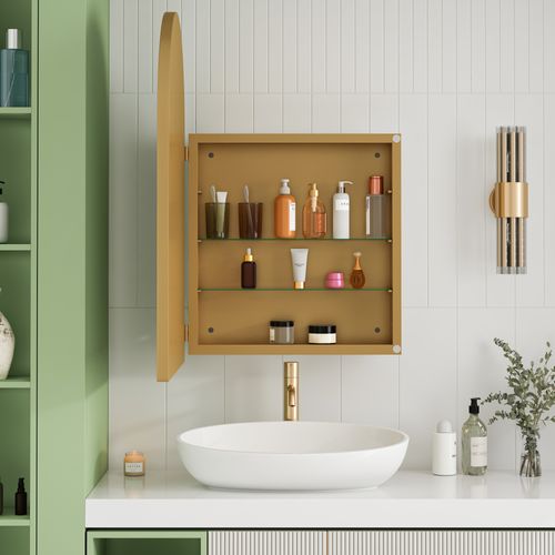 Miroir Mural Arche Élégant Avec Armoire Encastrée En Métal Pour Salle De Bains, Or