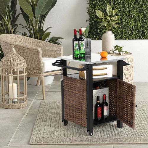 Desserte D’extérieure Roulant Avec Armoire De Rangement, Table En Acier Inoxydable, Marron