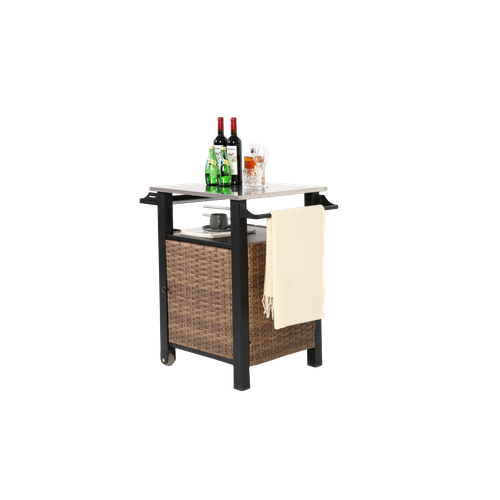 Desserte D’extérieure Roulant Avec Armoire De Rangement, Table En Acier Inoxydable, Marron