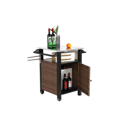 Desserte D’extérieure Roulant Avec Armoire De Rangement, Table En Acier Inoxydable, Marron
