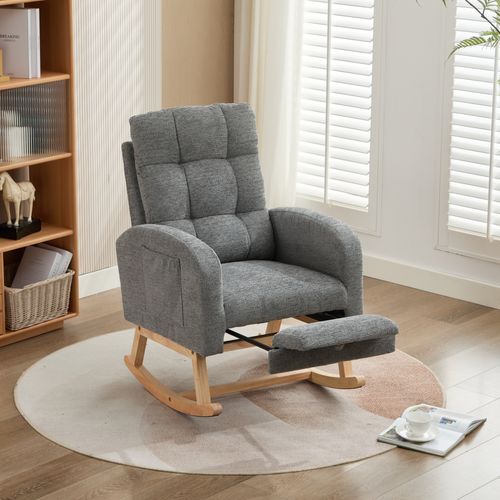 Fauteuil à Bascule Teddy Velvet, Cadre En Bois Massif Avec Repose-pieds Dissimulé, Gris