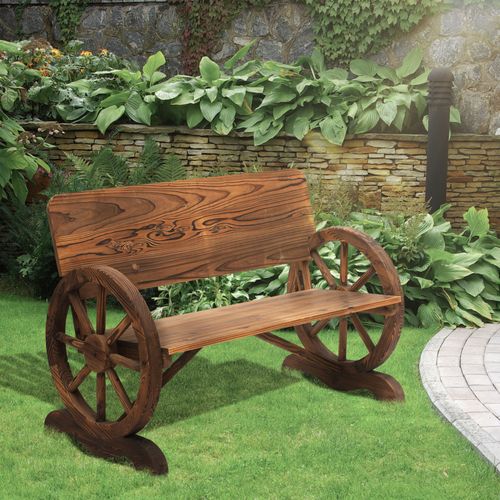Banc De Jardin En Bois Massif 114x58x80cm, Avec Accoudoirs, Design De Roue, Marron