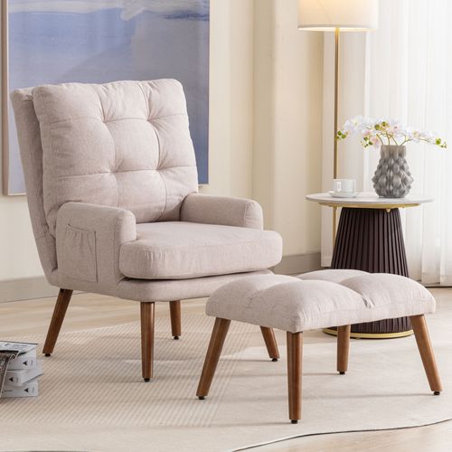 Fauteuil Avec Repose-pieds Et Poches Latérales, Dossier Réglable, Beige
