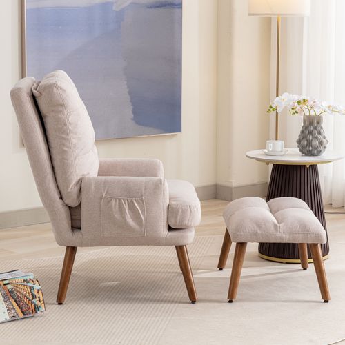 Fauteuil Avec Repose-pieds Et Poches Latérales, Dossier Réglable, Beige