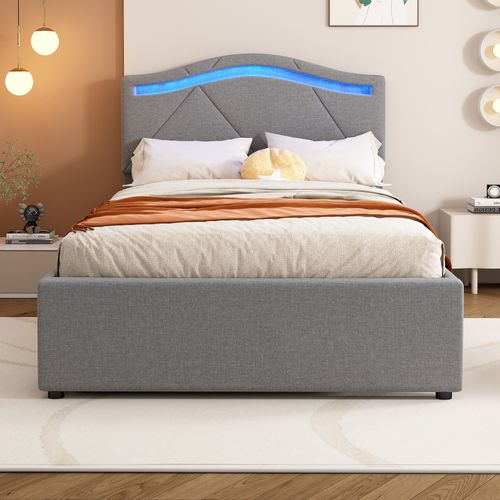 Lit Enfant 90x200cm, Avec Deux Tiroirs,tête De Lit Réglable, En Linge, Gris