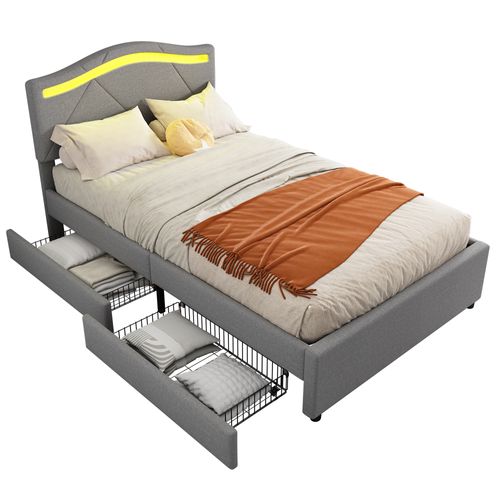 Lit Enfant 90x200cm, Avec Deux Tiroirs,tête De Lit Réglable, En Linge, Gris