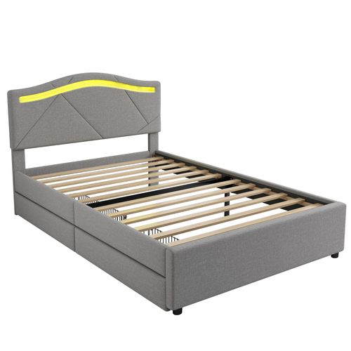 Lit Enfant 90x200cm, Avec Deux Tiroirs,tête De Lit Réglable, En Linge, Gris