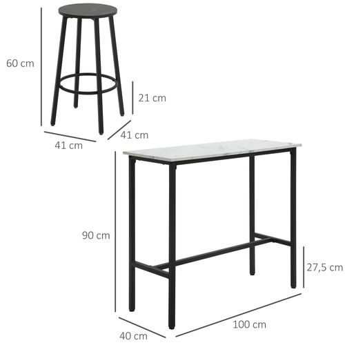 Ensemble Tabourets De Bar 100 X 40 X 90cm, Avec 2 Tabourets, Blanc