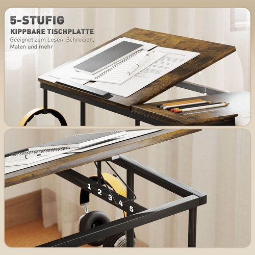 Bureau Réglable En Hauteur, 92x40cm, Avec Roues Et Plate-forme Basculante, En Acier, Bois