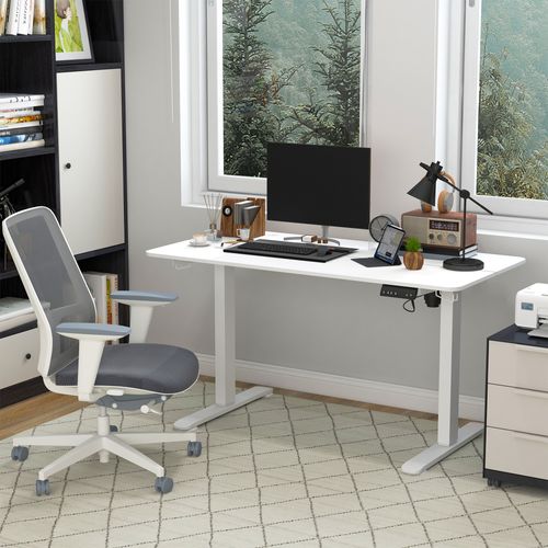 Bureau De Travail Électrique Réglable En Hauteur, Cadre En Métal 140cmx70cm, Blanc