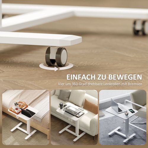 Table Pour Ordinateur Réglage Manuel En Hauteur, Avec 4 Roues Et Freins, 65cmx48cmx110cm, Blanc