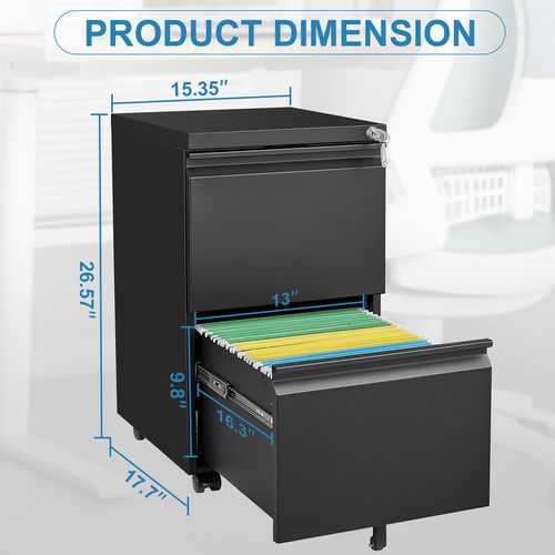 Caisson Mobile, Meuble Rangement Bureau ,avec 2 Tiroirs, 39 X 45 X 67.5 Cm , Noir