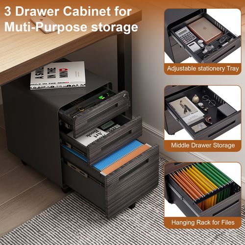 Caisson Mobile, Meuble Rangement Bureau ,avec 3 Tiroirs, 46 X 40 X 58 Cm , Simple ,noir