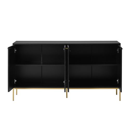 Buffet 4 Portes Noir Buffet Bas De Salon Moderne, Commode De Rangement 150x40x80 Cm Pieds En Métal