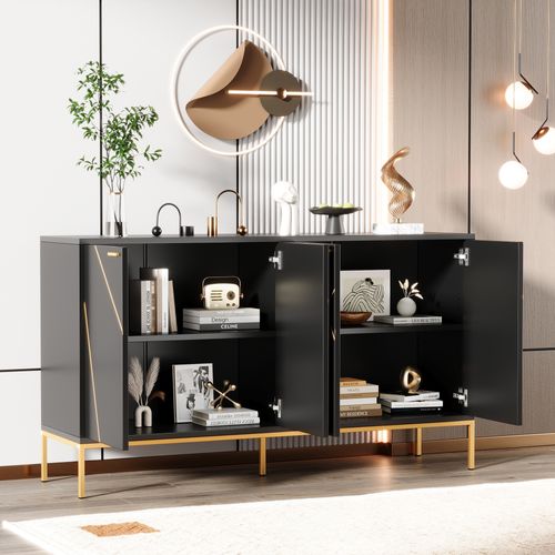 Buffet 4 Portes Noir Buffet Bas De Salon Moderne, Commode De Rangement 150x40x80 Cm Pieds En Métal
