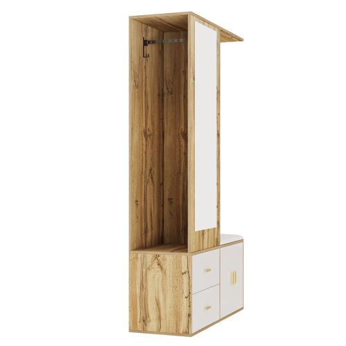 Porte Manteau, Miroir + Meuble à Chaussures+ Tringle à Vêtements Rétractable, Blanc