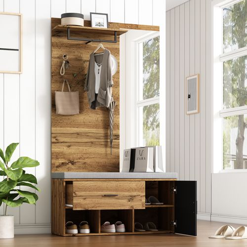 Meuble D’entrée ,extérieur En Bois, Avec Miroir, Banc à Chaussures Rembourré, Meuble à Chaussures