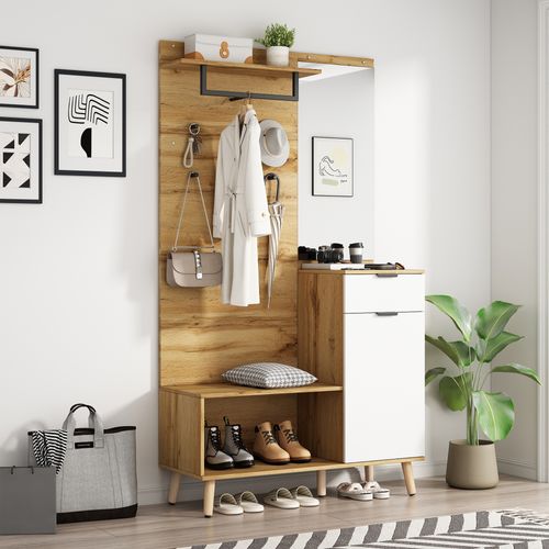 Meuble D’entrée Mural Avec Miroir Et Crochets , Ensemble De Vestiaires Avec Rangement, Blanc