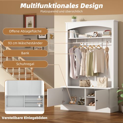 Meuble D’entrée Avec Banc à Chaussures, Séparateurs Réglables, Porte-manteau, Espace De Rangement