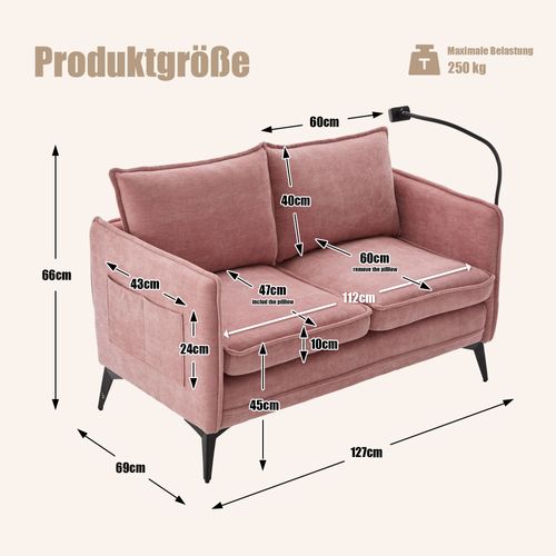 Canapé Deux Places Pour Le Salon, La Chambre , Avec Support Pour Téléphone Portable Et USB, Gris