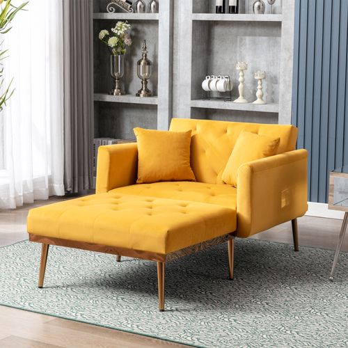 Fauteuil En Velours 165x90x77cmm Réglable, Fauteuil Lit Pliant, Jaune