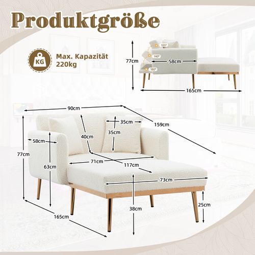 Fauteuil En Velours 165x90x77cmm Réglable, Fauteuil Lit Pliant, Blanc