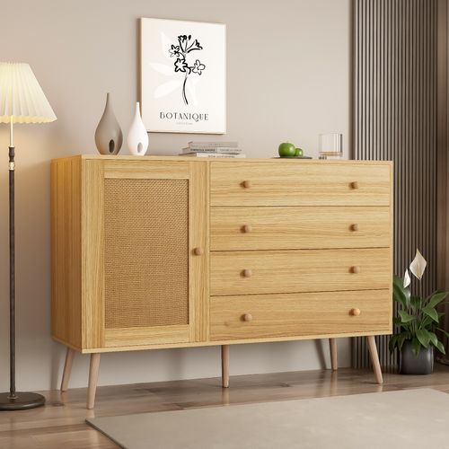Commode 120x40x83 Cm, Avec 1 Porte Et 4 Tiroirs, Couleur Bois, Style Campagne