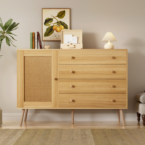 Commode 120x40x83 Cm, Avec 1 Porte Et 4 Tiroirs, Couleur Bois, Style Campagne