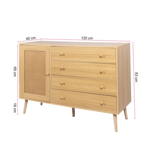 Commode 120x40x83 Cm, Avec 1 Porte Et 4 Tiroirs, Couleur Bois, Style Campagne
