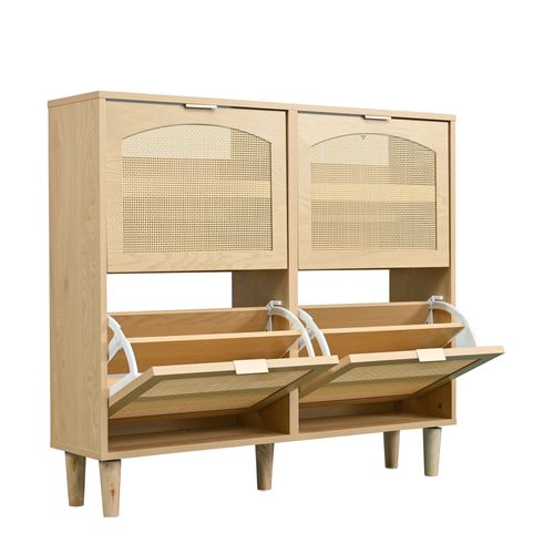 Meuble à Chaussures En Rotin Avec 4 Tiroirs Ventilés - Pieds En Bois Massif Et Design Campagnard