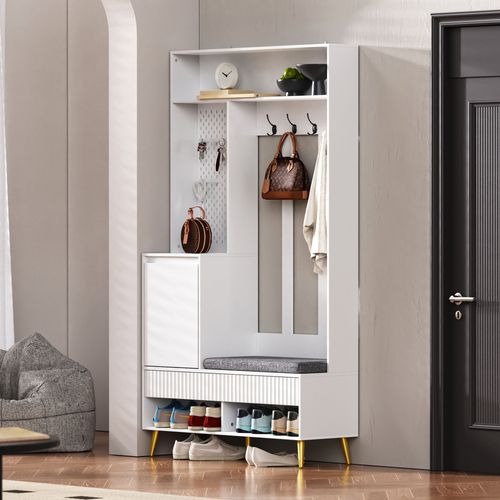 Porte-manteau, Meuble D’entrée, Vestiaire, Portant, Avec Banc à Chaussures, Crochets, Blanc-mdf