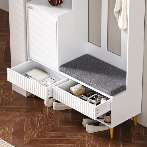 Porte-manteau, Meuble D’entrée, Vestiaire, Portant, Avec Banc à Chaussures, Crochets, Blanc-mdf