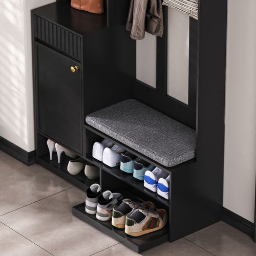 Porte-manteau, Meuble D’entrée, Vestiaire, Avec Banc Et Étagères à Chaussures, Crochets, Noir