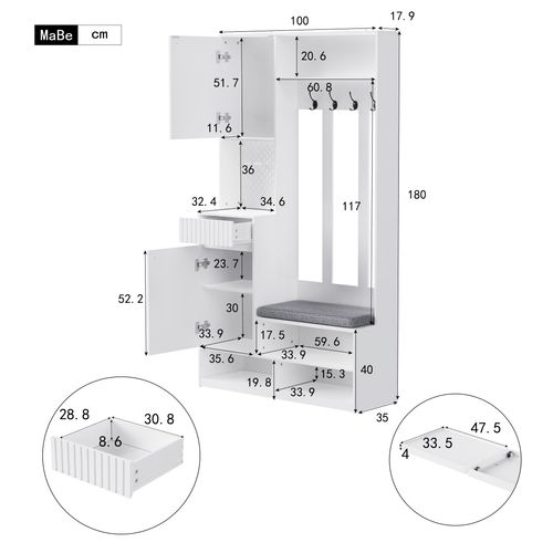Porte-manteau, Meuble D’entrée, Vestiaire, Avec Banc Et Étagères à Chaussures, Crochets, Blanc