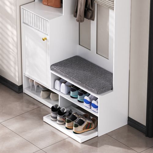 Porte-manteau, Meuble D’entrée, Vestiaire, Avec Banc Et Étagères à Chaussures, Crochets, Blanc