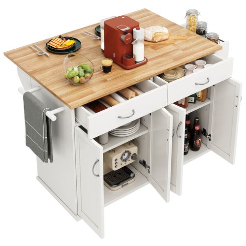 Desserte De Cuisine 106×50×90.5 Cm, Avec 2 Tiroirs Et 4 Portes, Rangement Multifonctionnel, Blanc