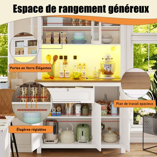 Buffet De Cuisine Avec Lumière LED, Meuble Cuisine  Haut, Compartiments Ouverts, Blanc