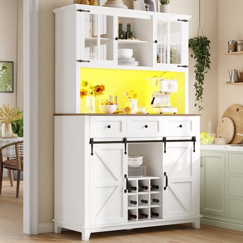 Buffet De Cuisine Avec Éclairage LED, Armoire De Cuisine Haute 105×38.4×180cm,blanc