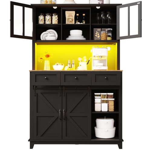 Buffet De Cuisine Avec Éclairage LED, Armoire De Cuisine Haute 105×38.4×180cm,noir