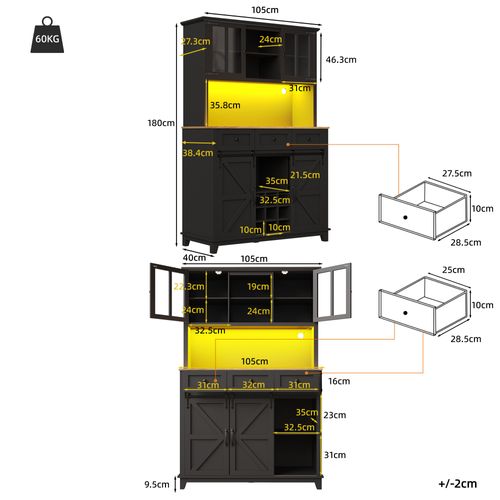Buffet De Cuisine Avec Éclairage LED, Armoire De Cuisine Haute 105×38.4×180cm,noir