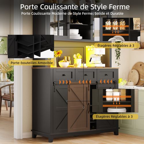 Buffet De Cuisine Avec Éclairage LED, Armoire De Cuisine Haute 105×38.4×180cm,noir