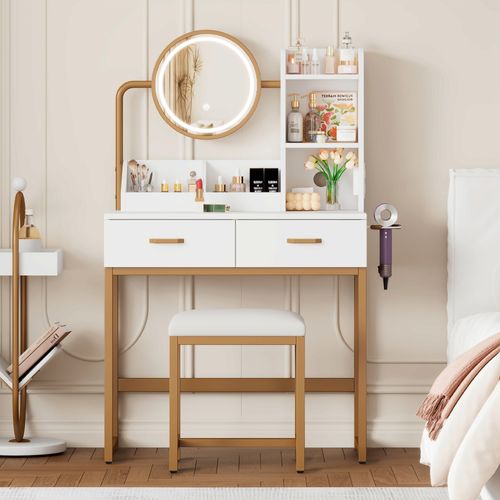 Coiffeuse 80x40x138,5cm, Avec Éclairage LED, Miroir Pivotant, Prise De Courant, Tabouret Inclus