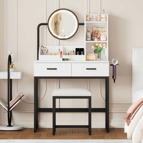 Coiffeuse 80x40x138,5cm Avec Éclairage LED, Miroir Pivotant, Prise De Courant, Blanc