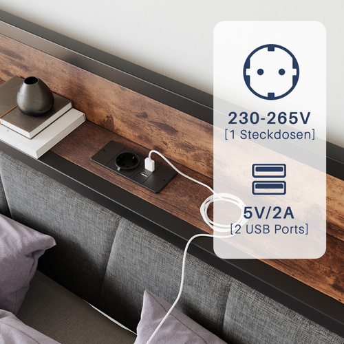 Lit 140x200 Cm, Avec Base En Métal, Tête De Lit De Rangement Avec Lumières LED Et Chargeur USB