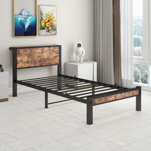 Lit 90x200 Cm Avec Sommier Métallique, Tête De Lit De Rangement, Silencieux, Marron Vintage