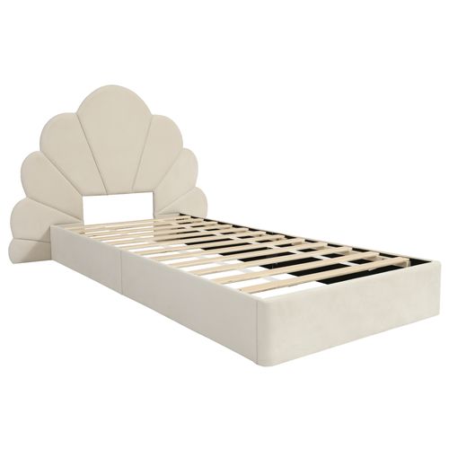 Lit Enfant 90x200 Cm Avec Tête De Lit Pétale Incurvée - Beige