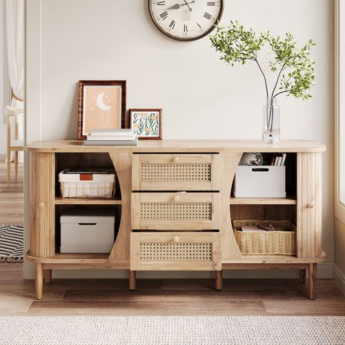 Commode En Rotin 140.5x40x76cm, Avec Portes Coulissantes, Étagères Réglables Et Trois Tiroirs,bois