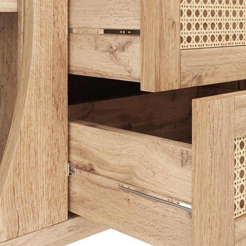 Commode En Rotin 140.5x40x76cm, Avec Portes Coulissantes, Étagères Réglables Et Trois Tiroirs,bois