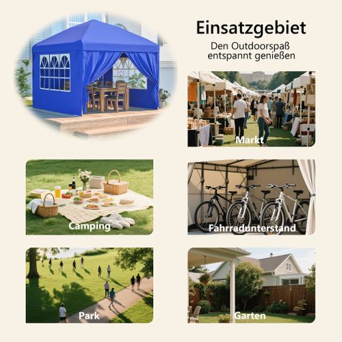 Chapiteau 3x3m Avec 4 Parois Latérales, Réglable En Hauteur Sur 3 Niveaux, Pavillon Pliable, Bleu