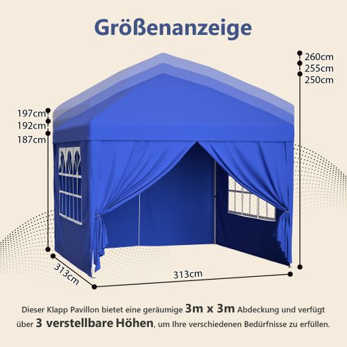 Chapiteau 3x3m Avec 4 Parois Latérales, Réglable En Hauteur Sur 3 Niveaux, Pavillon Pliable, Bleu